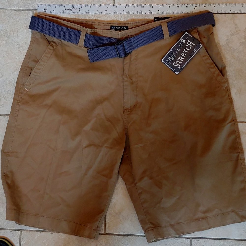 NWT Cargo Supplies Men's Flat Front Belted Shorts, Camel, 40 Waist